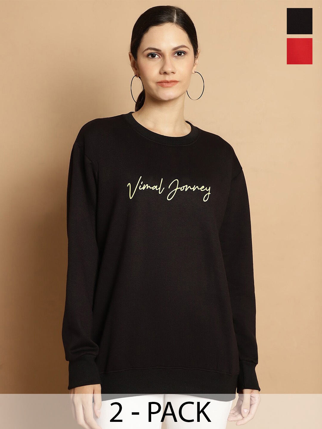 

MACK JONNEY Pack Of 2 Printed Round Neck Fleece Longline Pullover Sweatshirt, Black