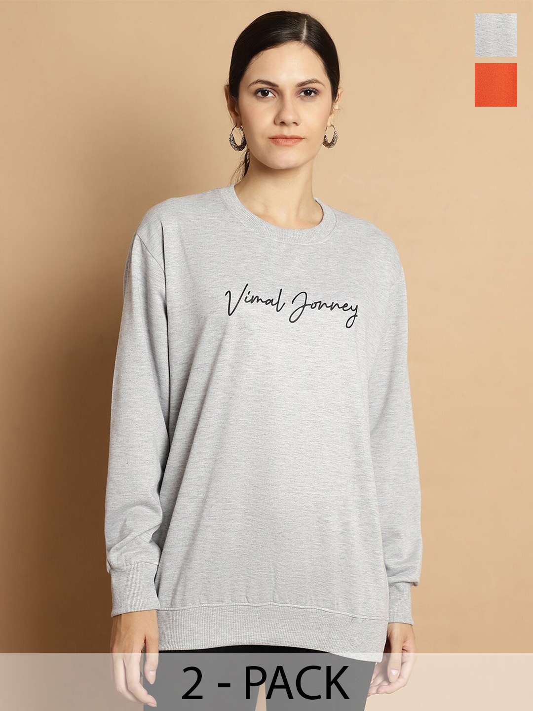 

MACK JONNEY Pack Of 2 Printed Round Neck Fleece Longline Pullover Sweatshirt, Grey