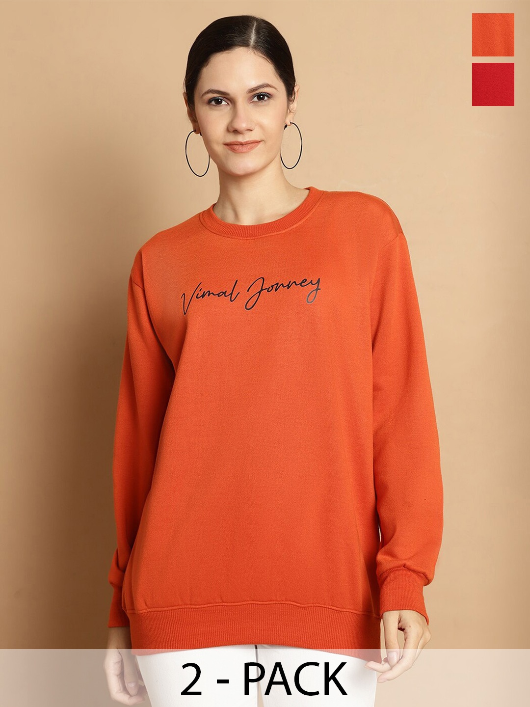 

VIMAL JONNEY Pack Of 2 Printed Round Neck Fleece Longline Pullover Sweatshirt, Orange