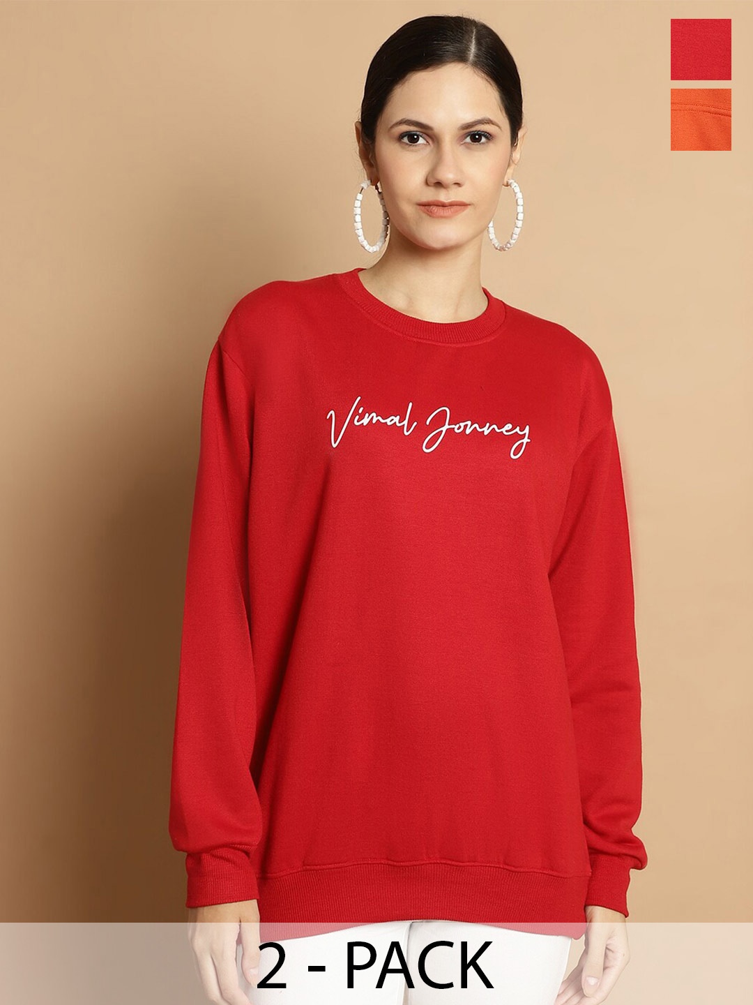 

VIMAL JONNEY Pack Of 2 Printed Fleece Longline Pullover Sweatshirt, Red