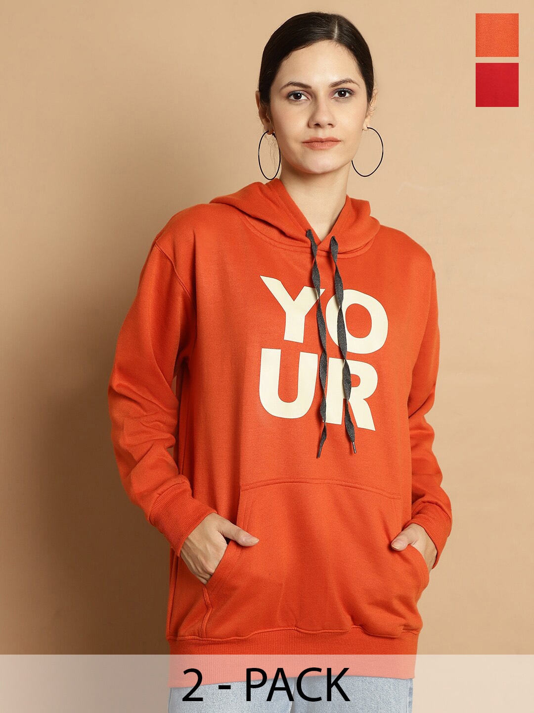 

VIMAL JONNEY Pack Of 2 Typography Printed Hooded Cotton Fleece Sweatshirt, Orange