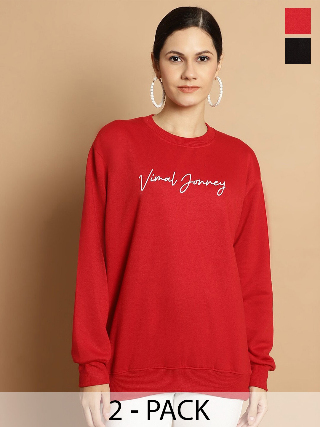 

VIMAL JONNEY Pack Of 2 Typography Printed Round Neck Cotton Fleece Sweatshirt, Red