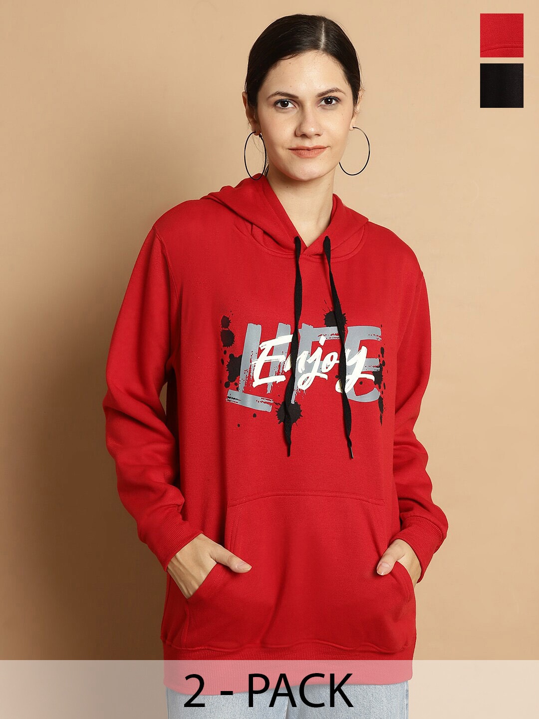 

VIMAL JONNEY Pack Of 2 Typography Printed Hooded Cotton Fleece Sweatshirt, Red