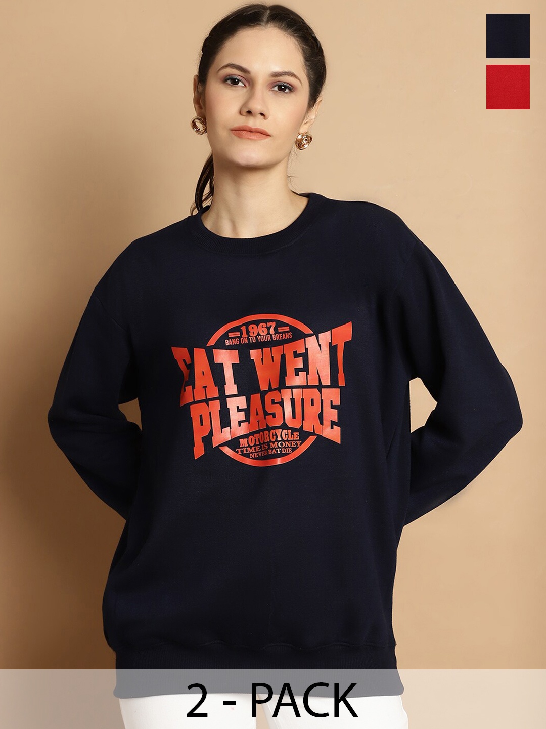 

MACK JONNEY Pack Of 2 Typography Printed Long Sleeves Fleece Pullover, Navy blue