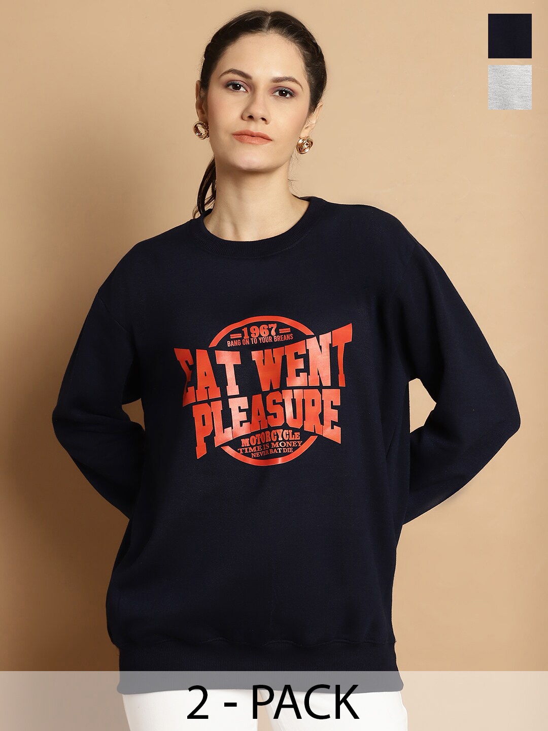 

VIMAL JONNEY Pack Of 2 Typography Printed Long Sleeves Fleece Pullover, Navy blue