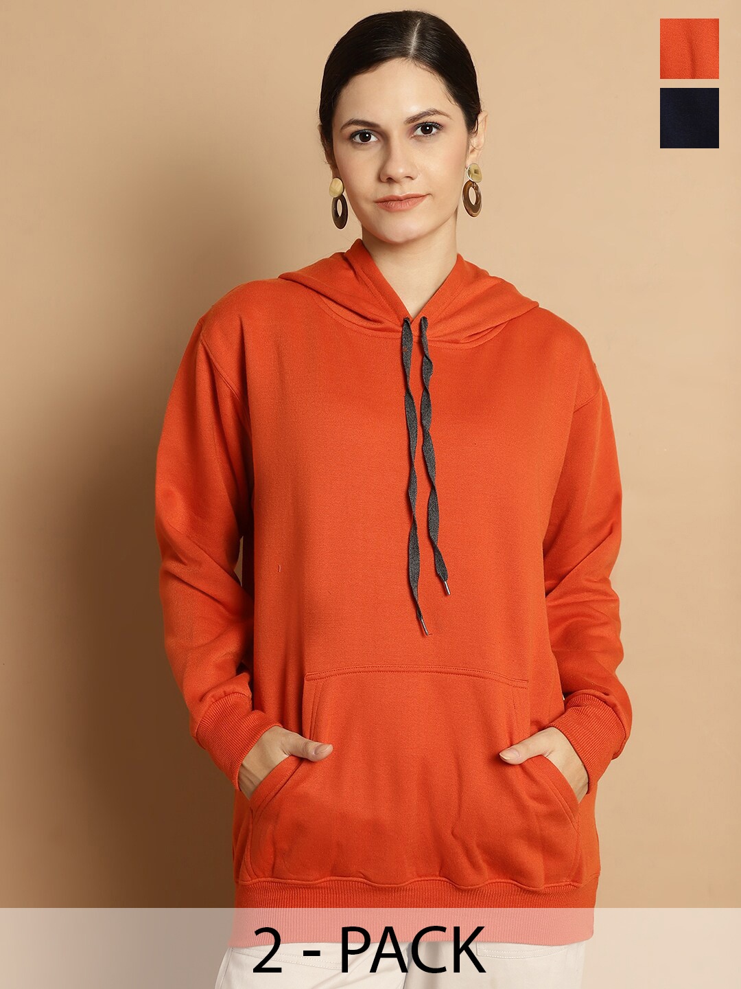 

VIMAL JONNEY Pack Of 2 Typography Printed Long Sleeves Fleece Pullover, Orange