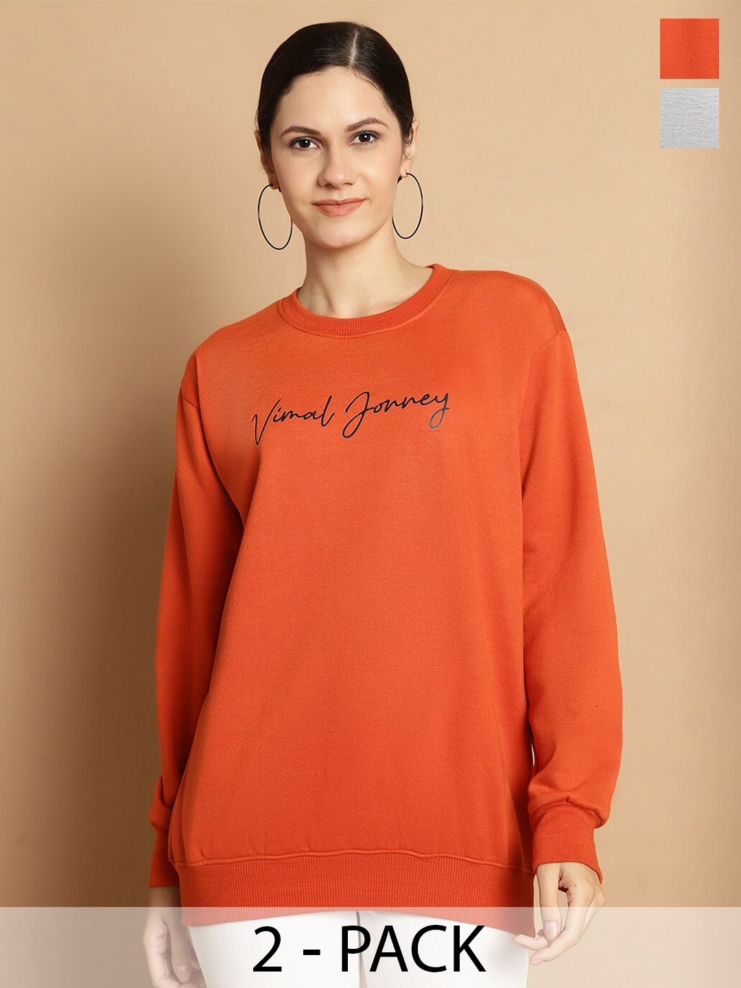 

MACK JONNEY Pack Of 2 Typography Printed Long Sleeves Fleece Pullover, Orange