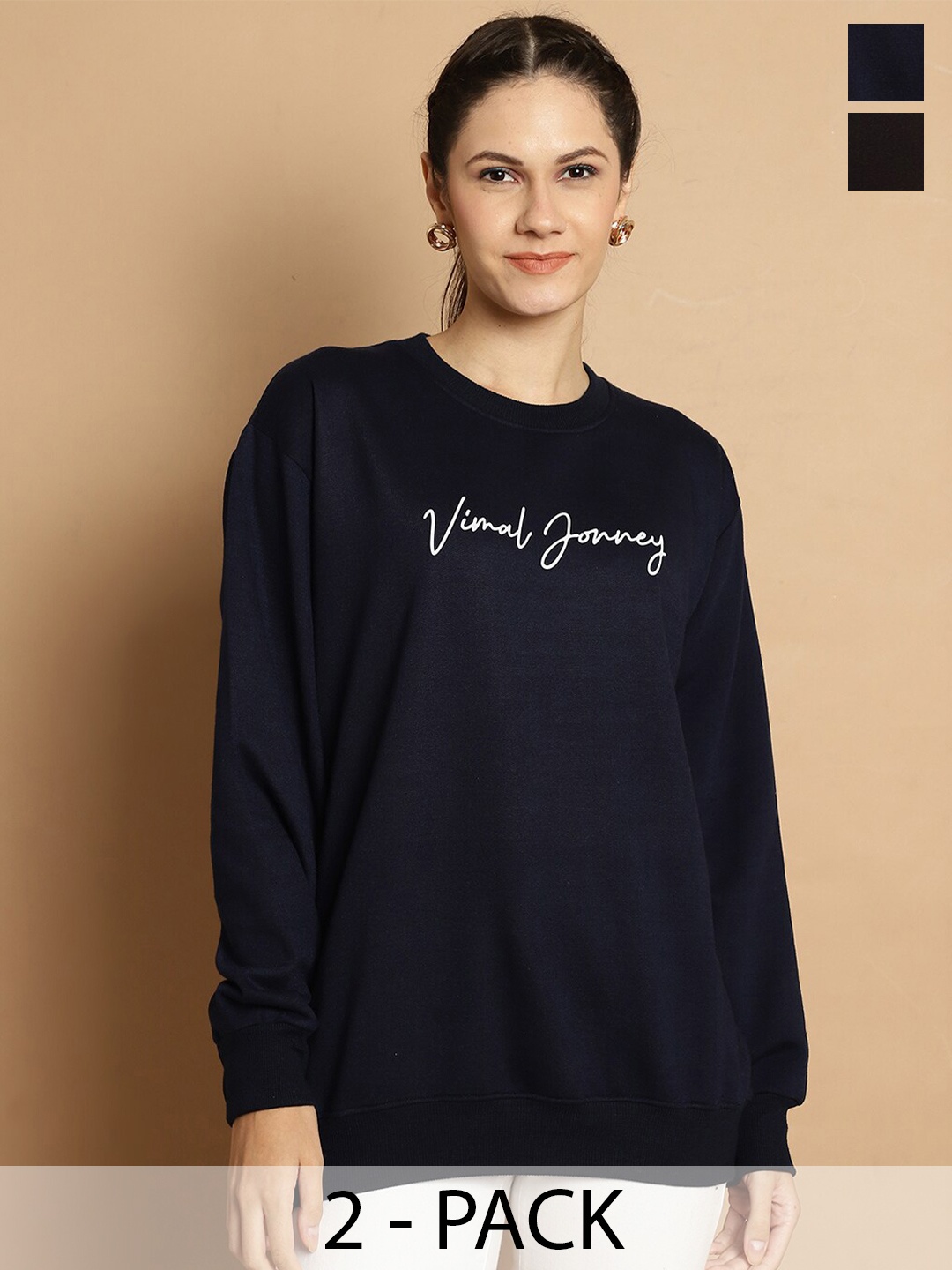 

VIMAL JONNEY Pack Of 2 Typography Printed Long Sleeves Fleece Pullover, Navy blue