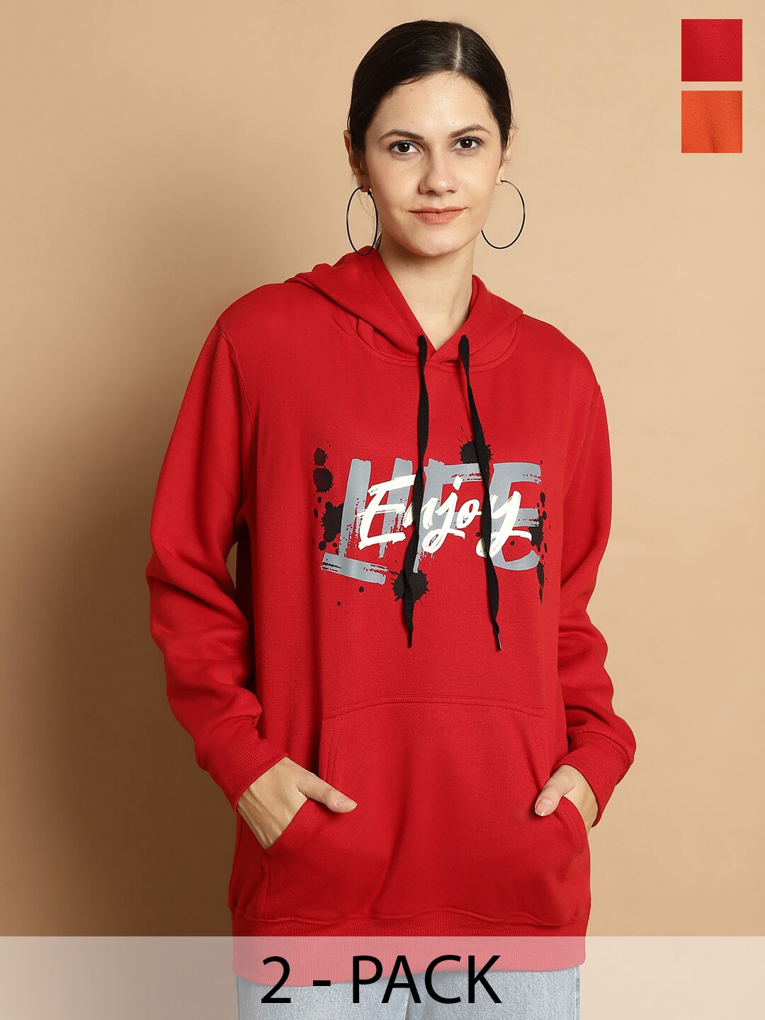 

VIMAL JONNEY Pack Of 2 Typography Printed Long Sleeves Hooded Fleece Pullover, Red