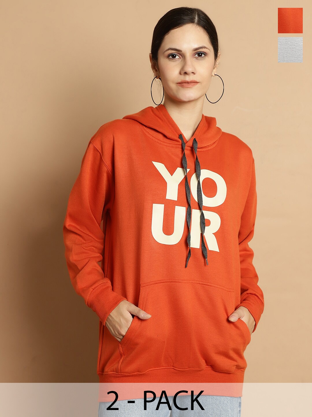 

VIMAL JONNEY Pack Of 2 Typography Printed Long Sleeves Hooded Fleece Pullover, Orange