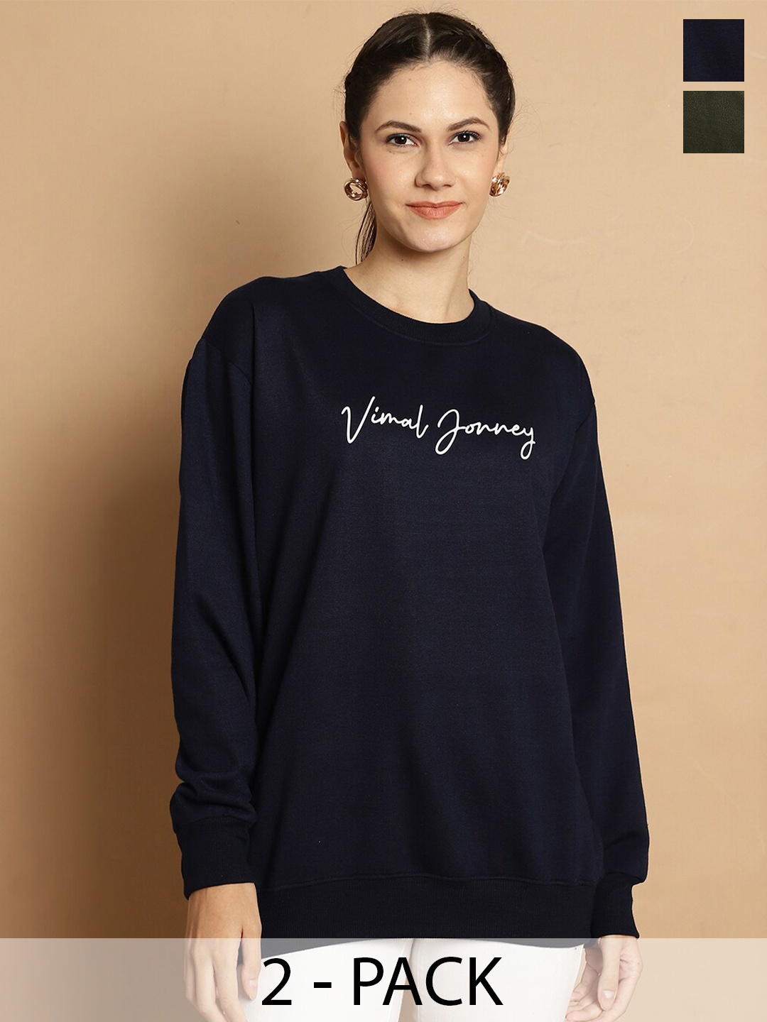 

VIMAL JONNEY Pack Of 2 Typography Printed Long Sleeves Fleece Pullover, Navy blue