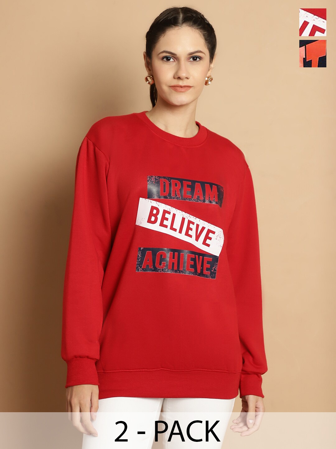 

VIMAL JONNEY Pack Of 2 Typography Printed Cotton Fleece Sweatshirt, Red