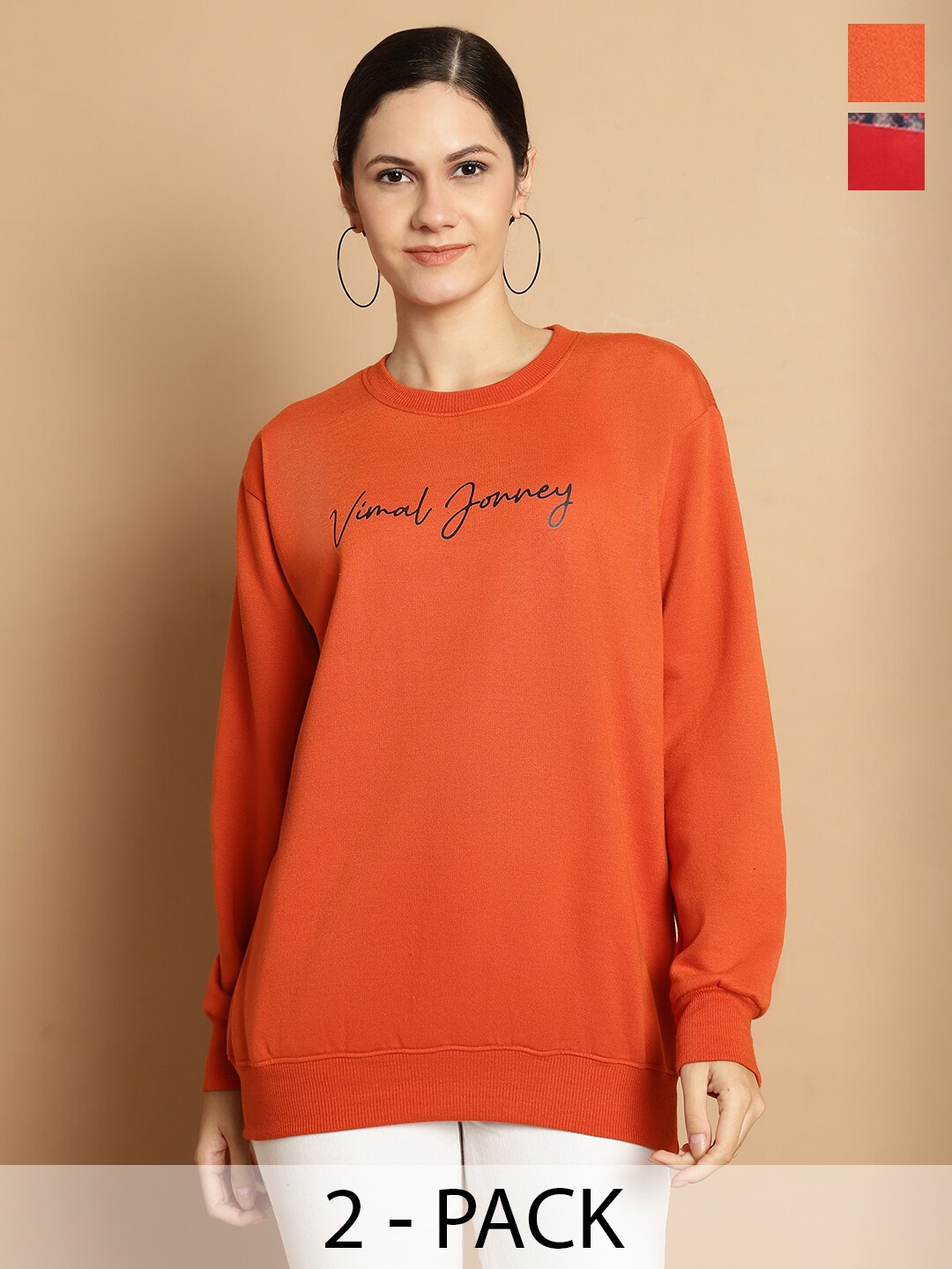 

VIMAL JONNEY Pack Of 2 Typography Printed Cotton Fleece Sweatshirt, Orange