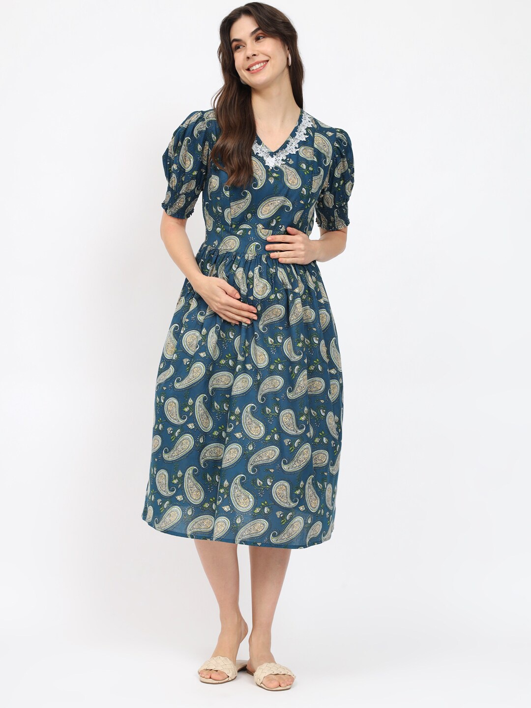 

Aujjessa Paisley Printed Puff Sleeves Gathered Maternity Cotton Fit & Flare Midi Dress, Teal