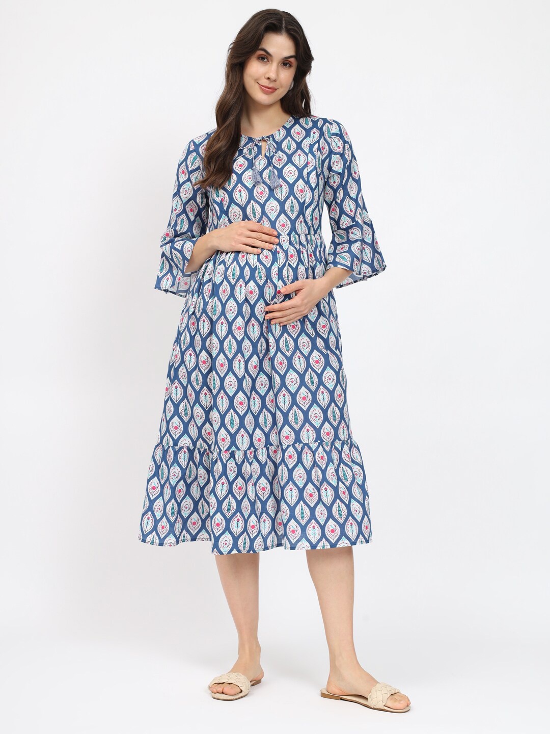 

Aujjessa Ethnic Motifs Print Keyhole Neck Bell Sleeve Maternity Fit & Flare Midi Dress, Blue