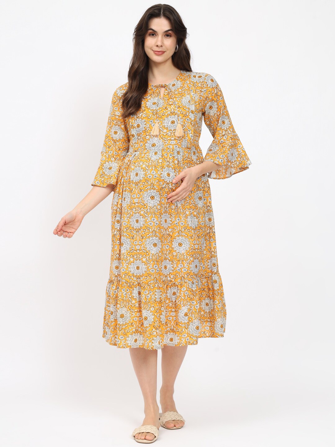 

Aujjessa Yellow Floral Print Keyhole Neck Bell Sleeve Maternity Fit & Flare Midi Dress