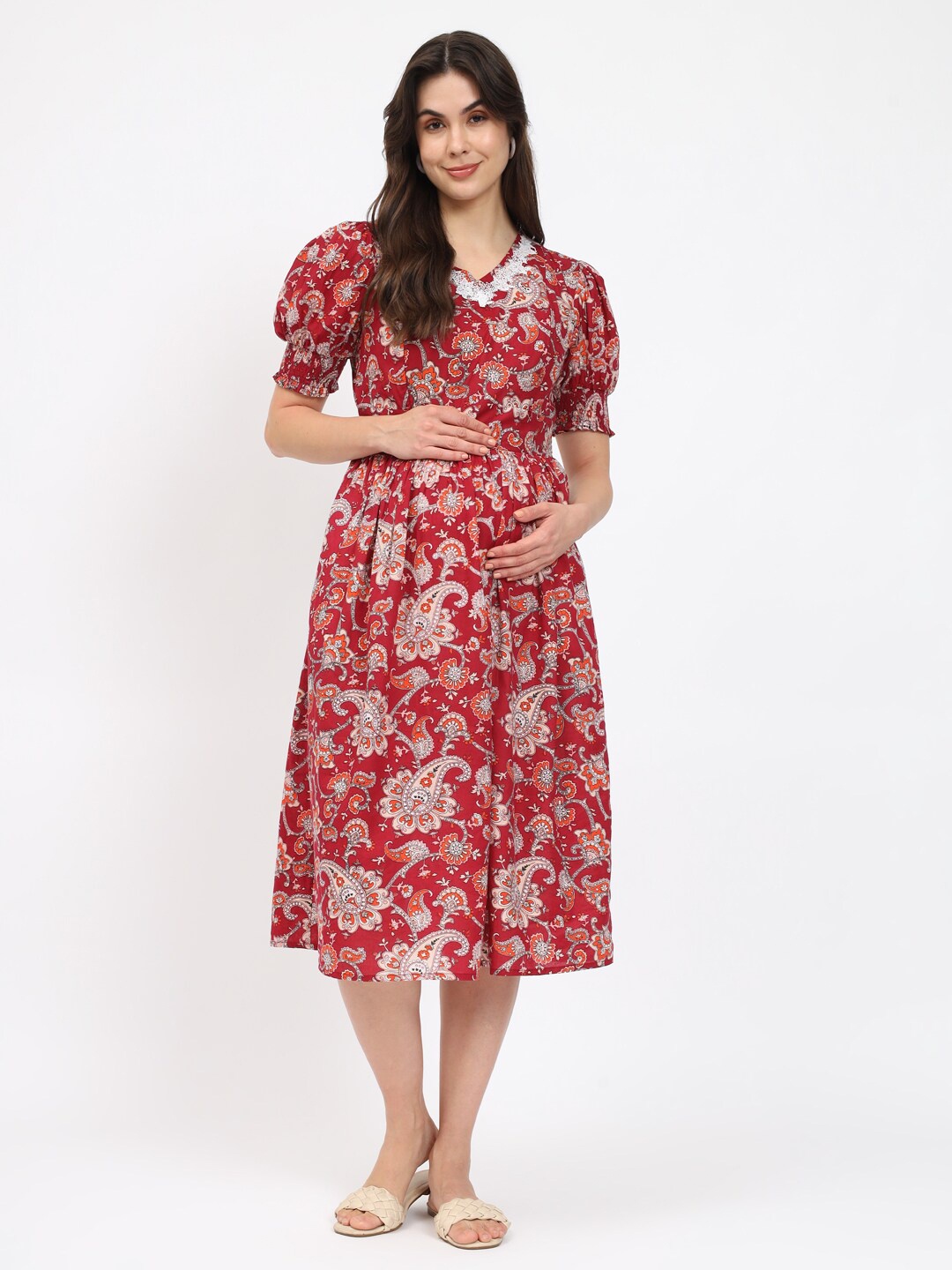 

Aujjessa Ethnic Motifs Print Puff Sleeve Maternity Fit & Flare Midi Dress, Maroon