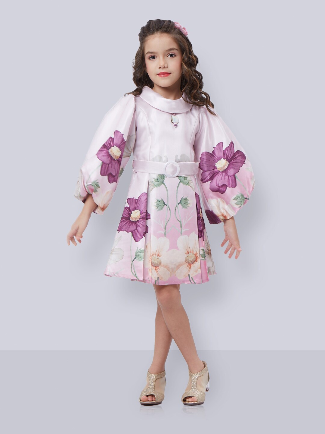 

Peppermint Girls Floral Printed Mock Neck Puff Sleeve Belted Fit & Flare Dress, Pink