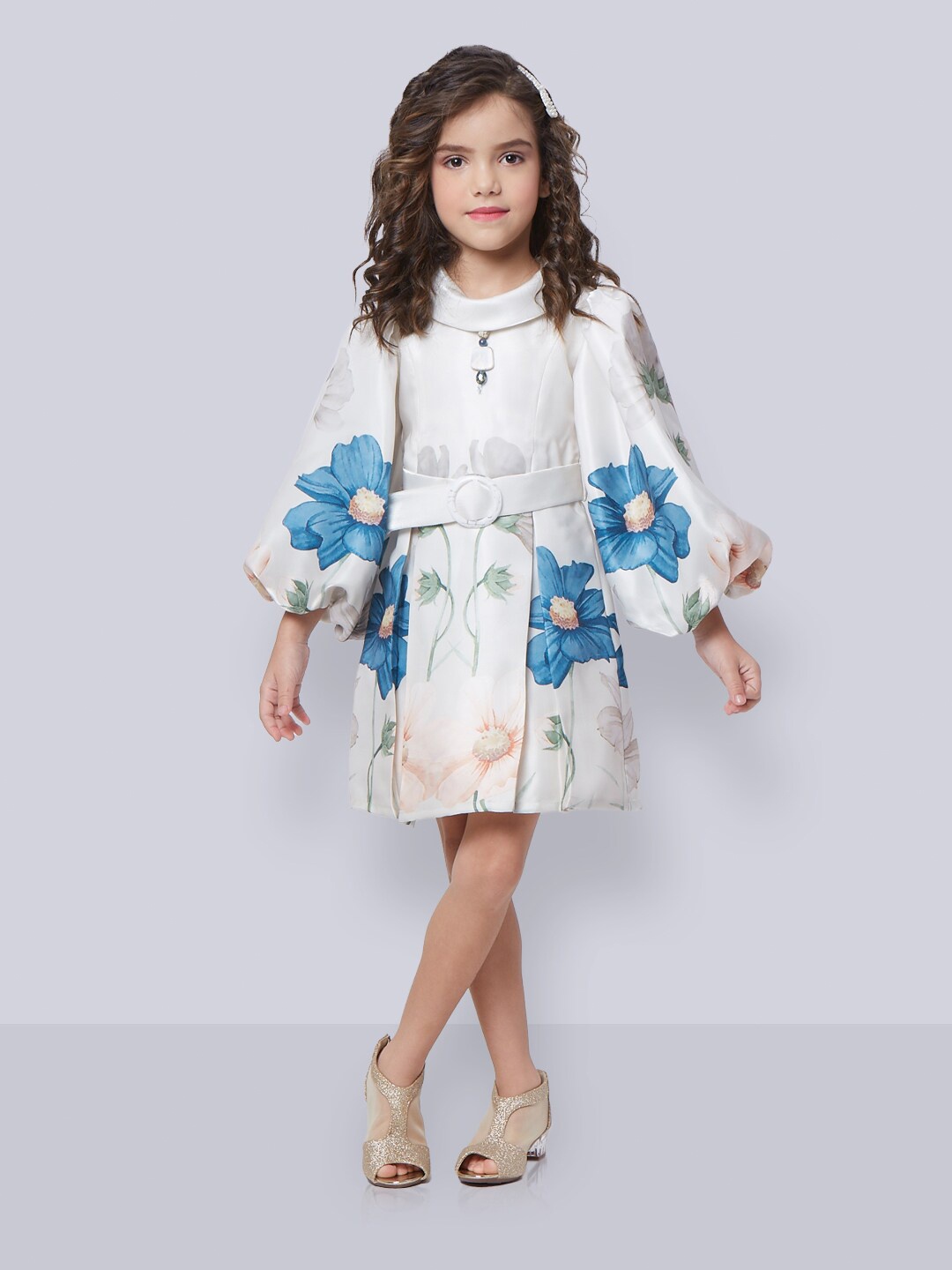 

Peppermint Girls Floral Printed Puff Sleeves Pleated Detailed Fit & Flare Dress, Cream