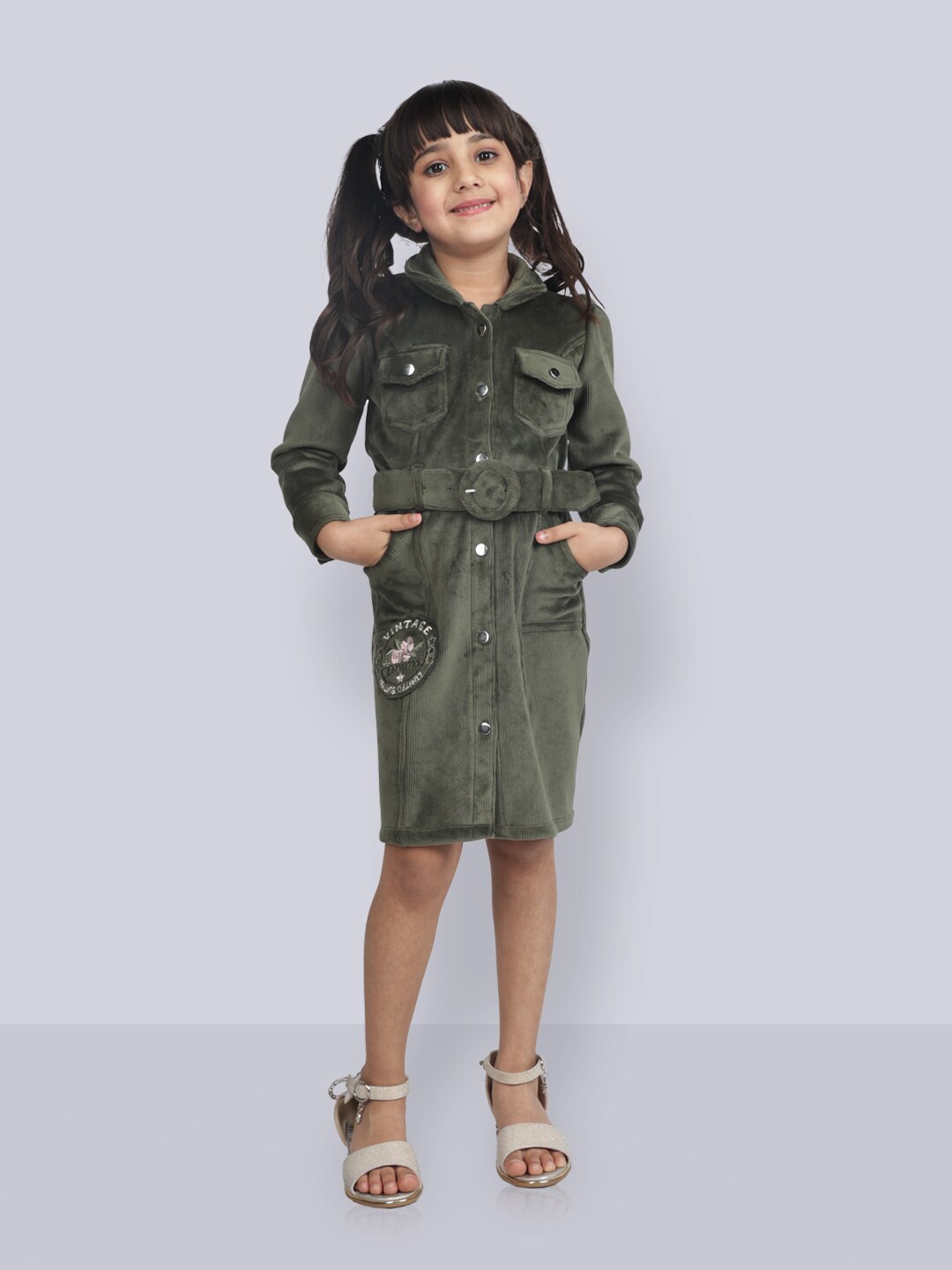 

Peppermint Girls Mock Collar Cuffed Sleeves Shirt Dress With Belt, Green