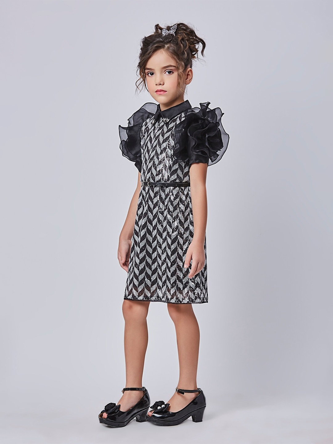 

Peppermint Embellished Puff Sleeve Net A-Line Dress, Black