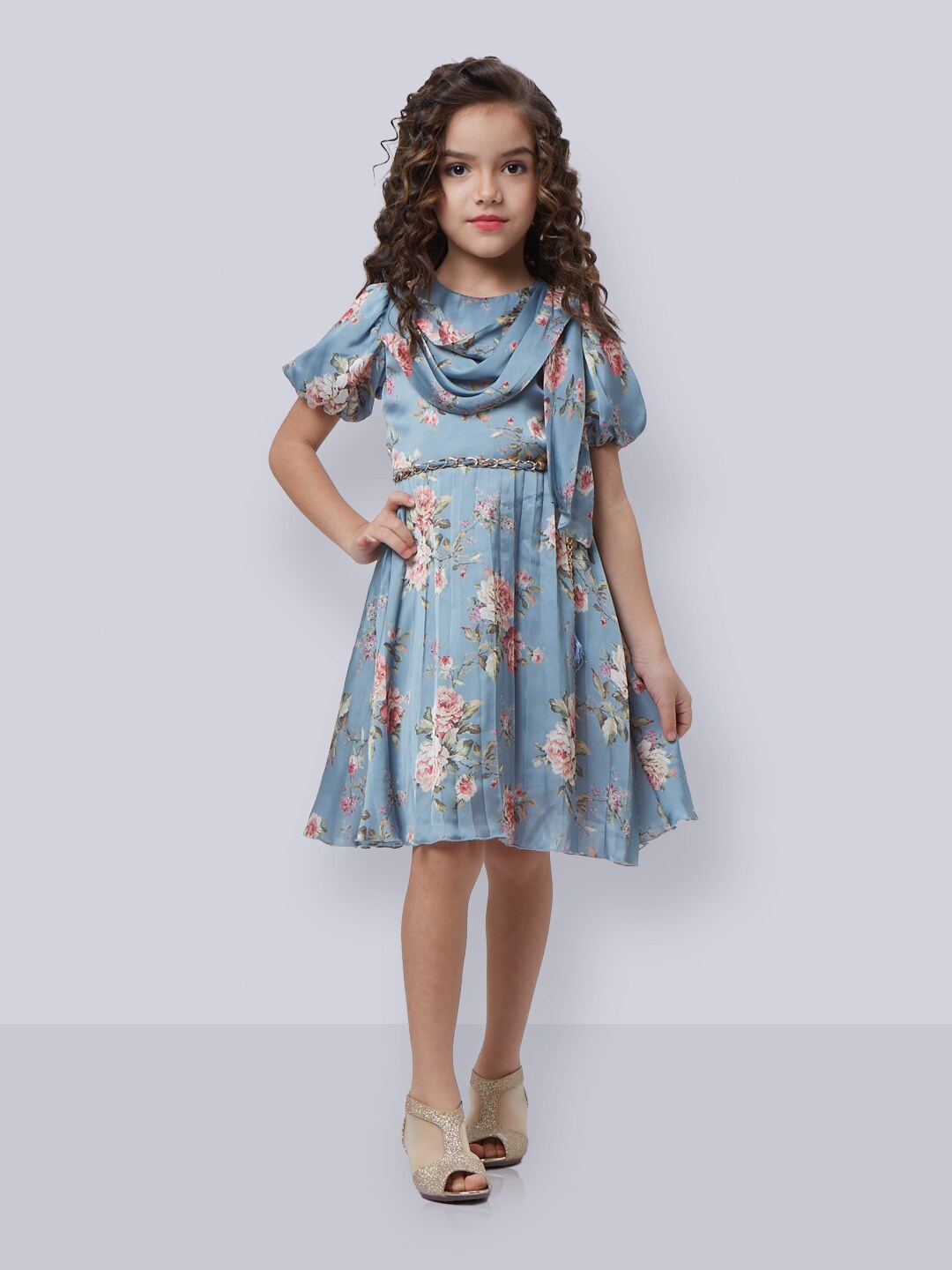 

Peppermint Girls Floral Printed Pleated Fit & Flare Dress, Blue