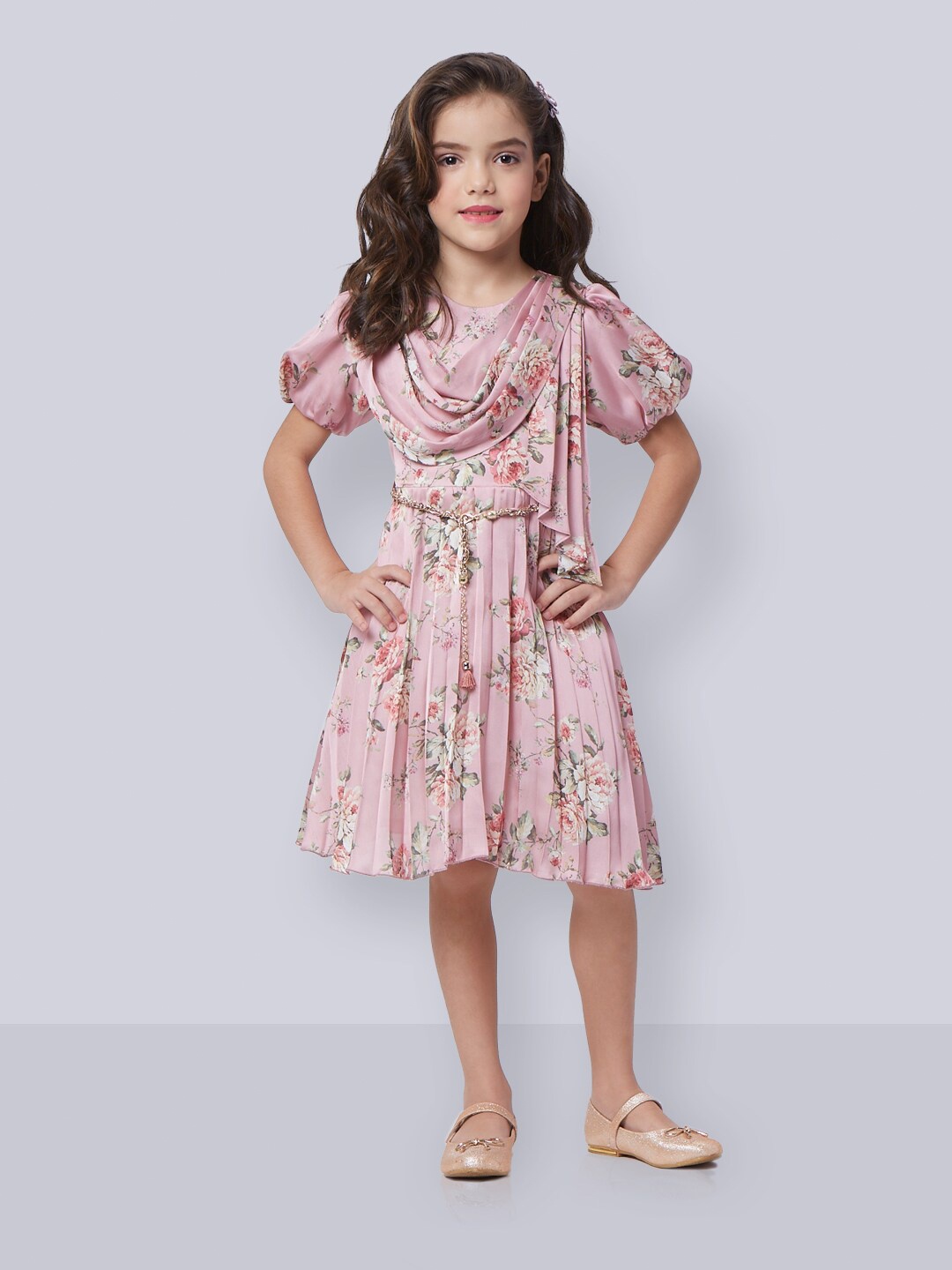 

Peppermint Floral Printed Gathered Belted Fit & Flare Dress, Peach