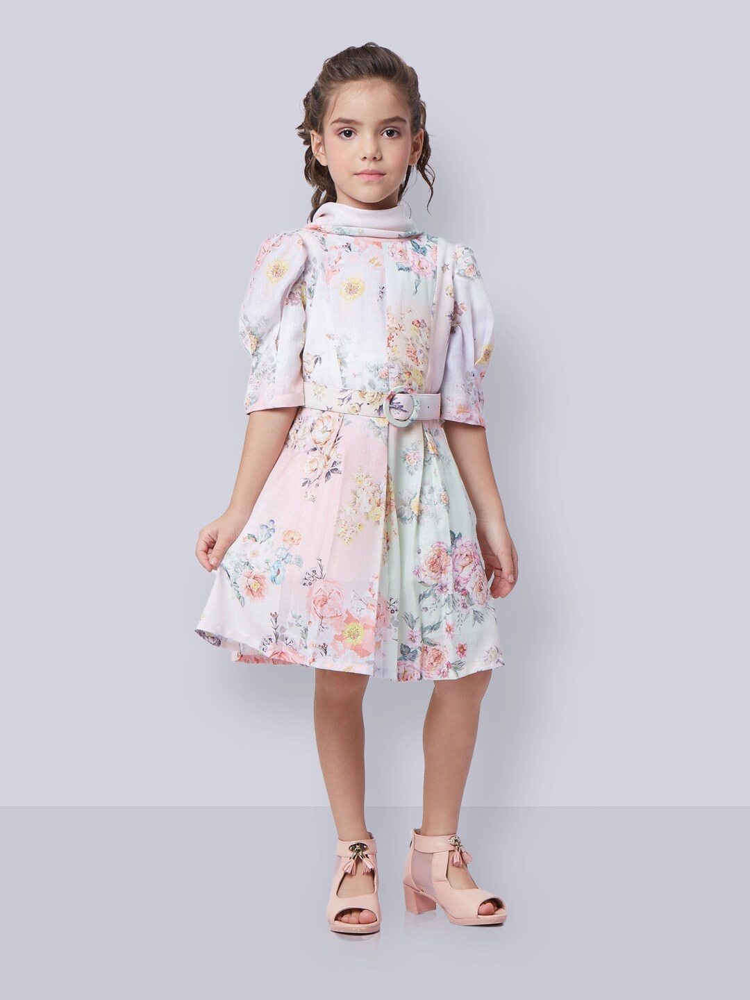 

Peppermint Girls Floral Printed Linen Tie Up Fit & Flare Dress, Off white