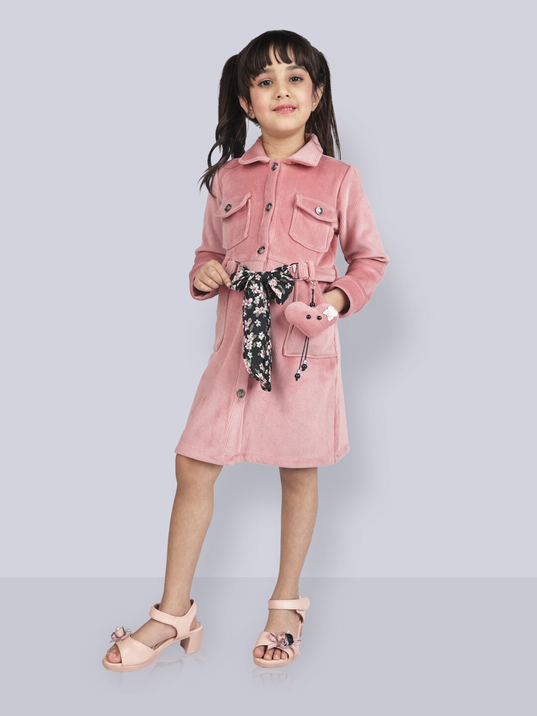 

Peppermint Girls Floral Printed Shirt Collar Cuffed Sleeves Shirt Dress, Peach