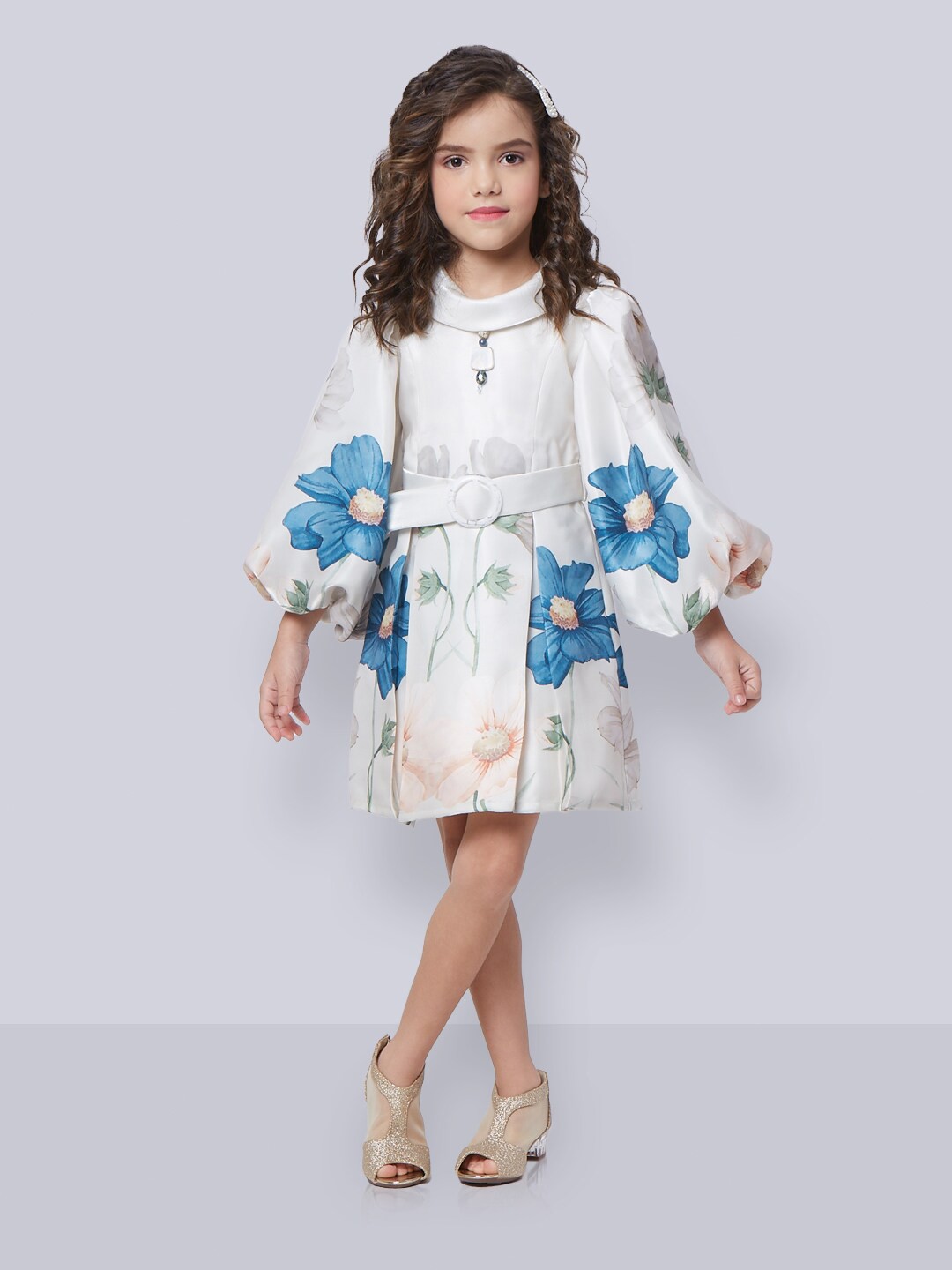 

Peppermint Girls Floral Printed Puff Sleeves A-Line Dress, Cream