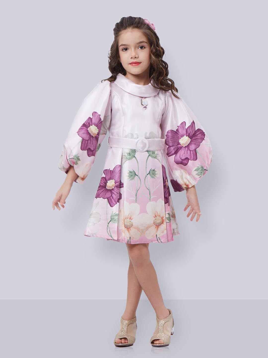 

Peppermint Girls Floral Printed Puff Sleeves A-Line Dress, Pink