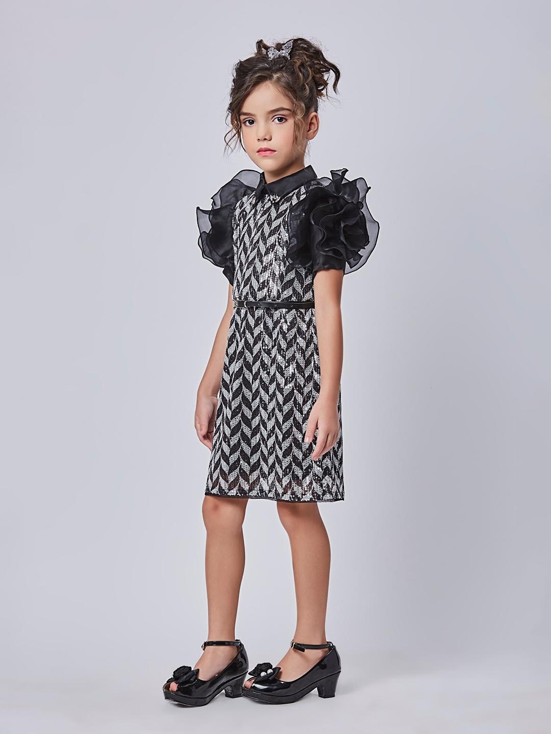 

Peppermint Girls Floral Printed Sequinned Net A-Line Dress, Black