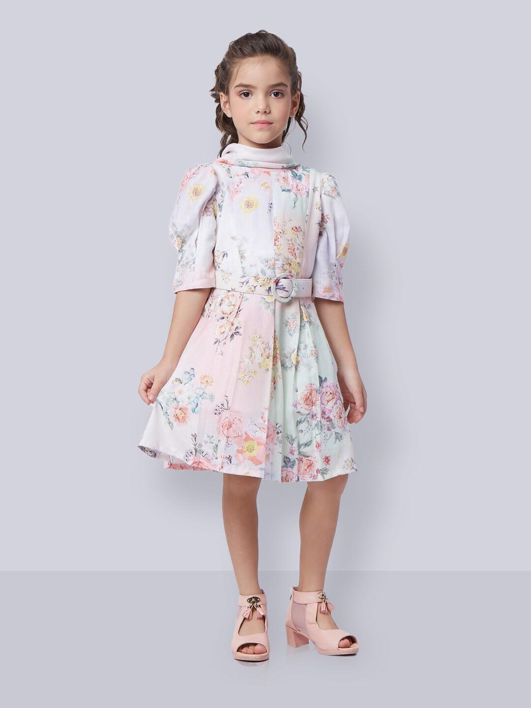 

Peppermint Girls Floral Printed Mock Neck Linen A-Line Dress, White