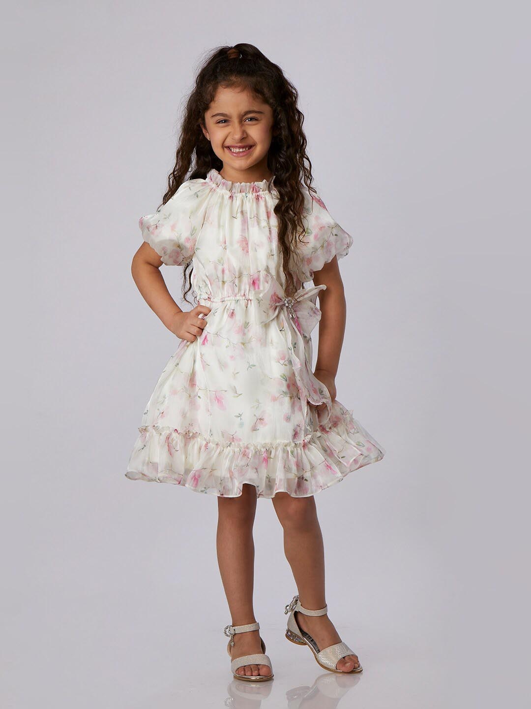 

Peppermint Girls Floral Printed High Neck Fit & Flare Dress, Cream