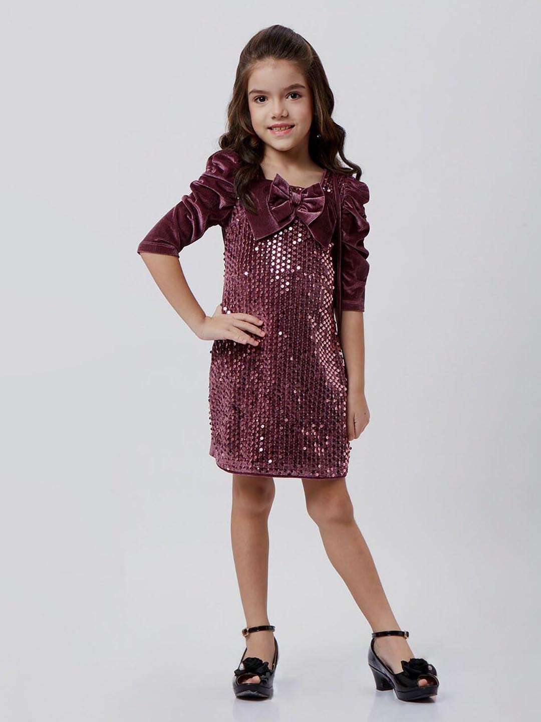 

Peppermint Girls Sequin Embellished Puff Sleeves Velvet A-Line Dress, Burgundy