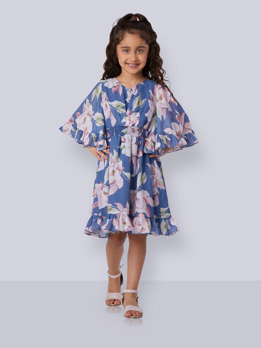 

Peppermint Girls Floral Printed Flared Sleeve A-Line Dress, Blue