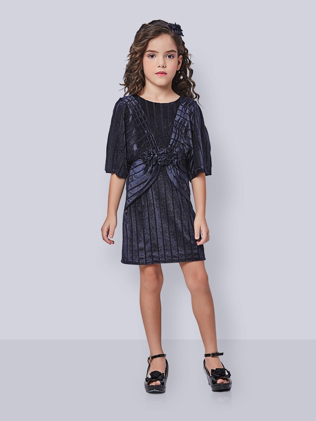 

Peppermint Self Design Velvet A-Line Dress, Navy blue