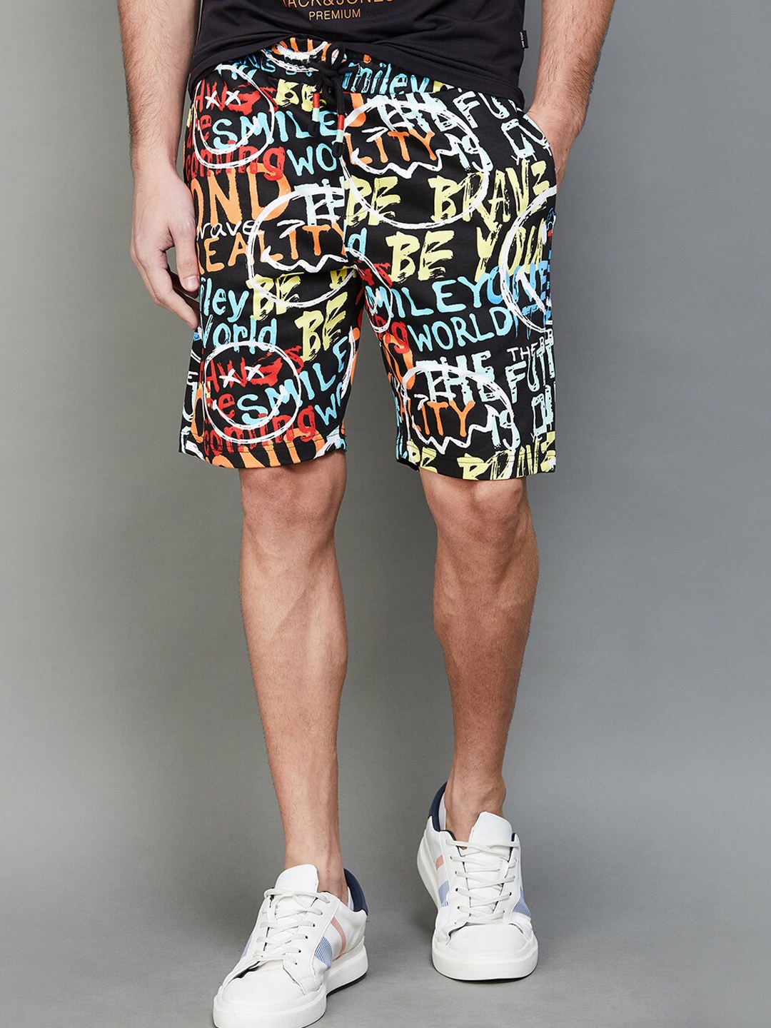 SmileyWorld Men Typography Printed Cotton Shorts, Black