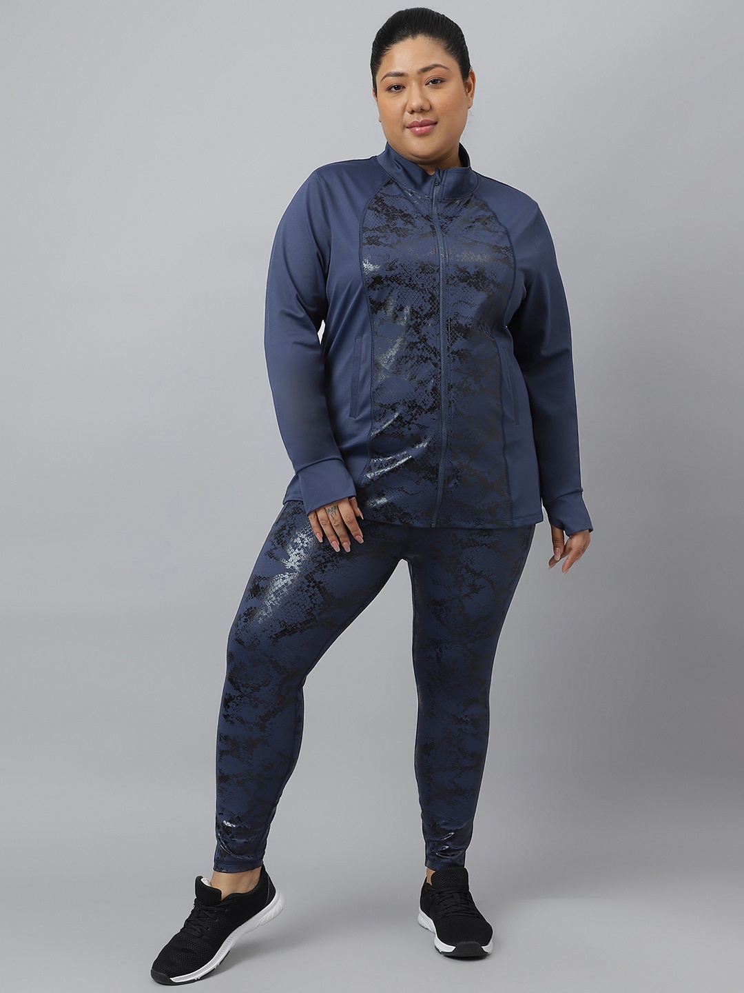 

Fitkin Plus Size Snake Print Anti-Odor Four Way Stretch Front Zipper Tracksuit, Navy blue