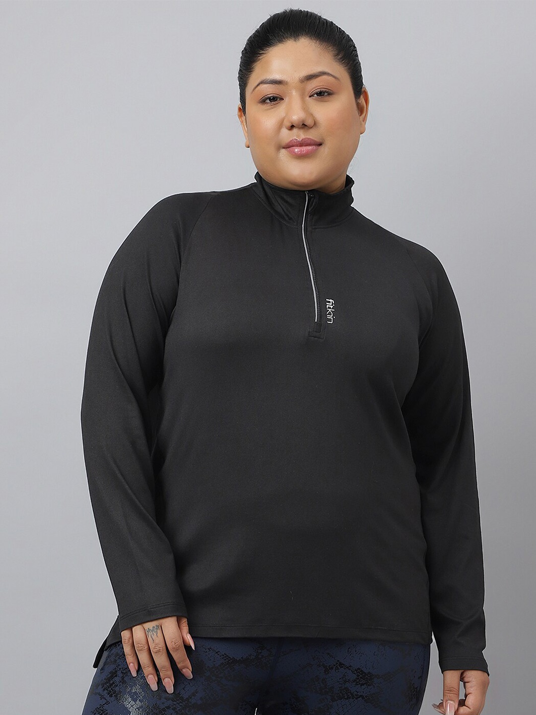 

Fitkin Plus Size Anti-Odor Front Zipper T-shirt, Black