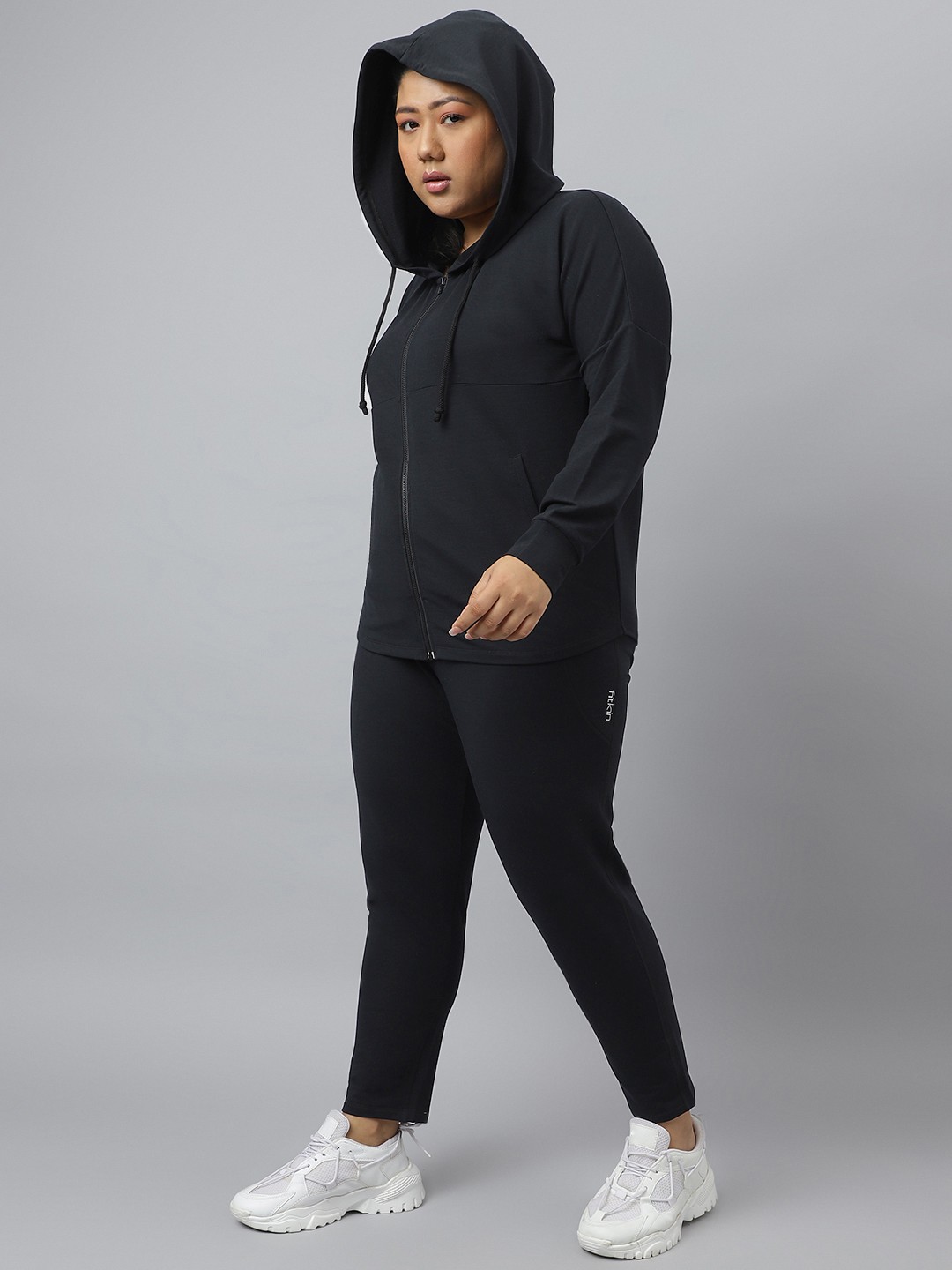 

Fitkin Plus Size Anti-Odor Hooded Front Zipper Tracksuit, Black