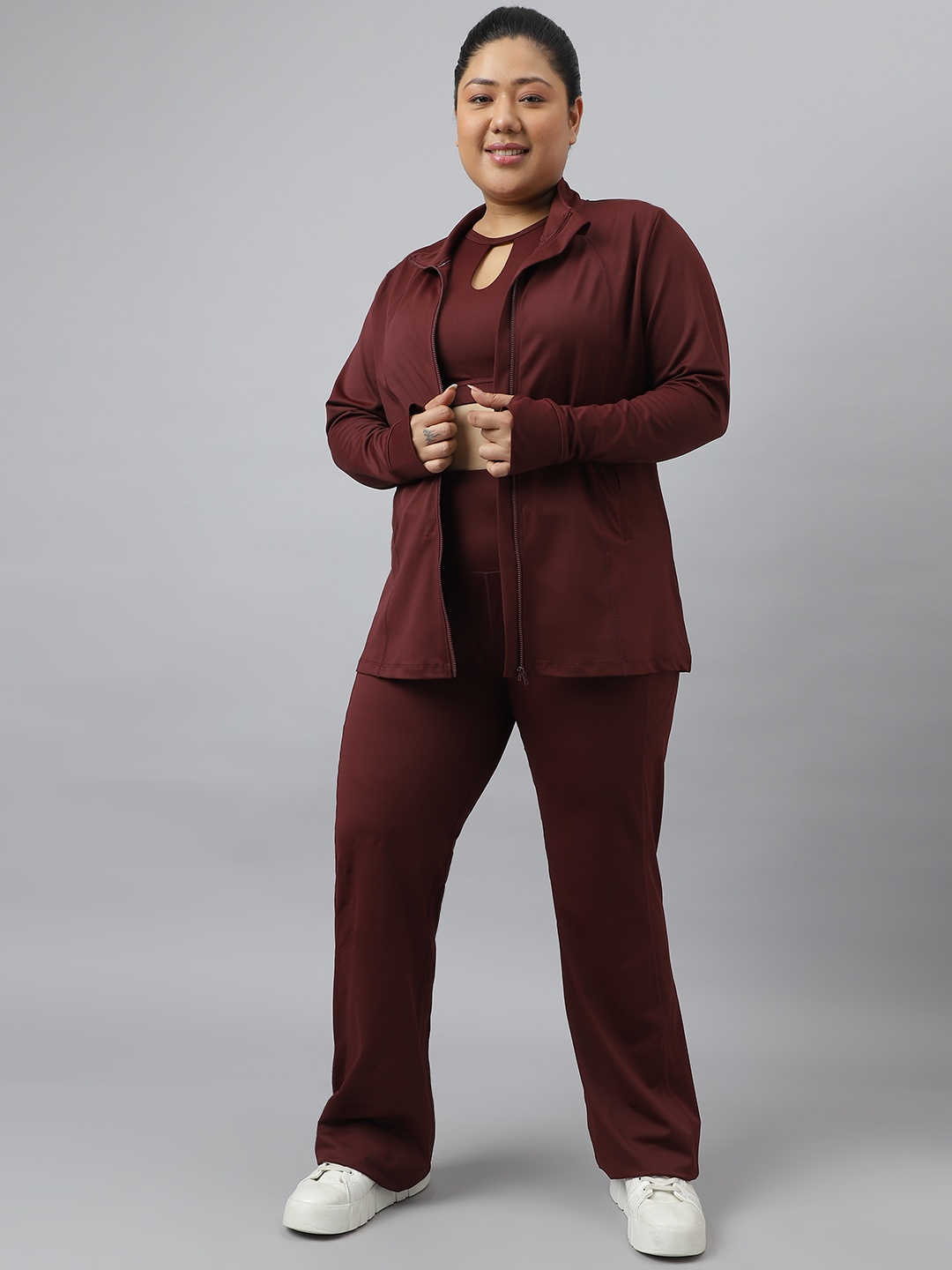 

Fitkin Plus Size Anti-Odor Four Way Stretch Front Zipper Tracksuit, Brown