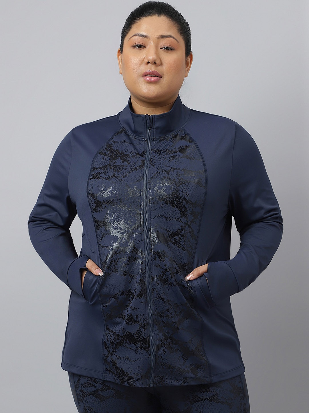 

Fitkin Plus Size Blue Luxury Luminous Print Jacket, Navy blue
