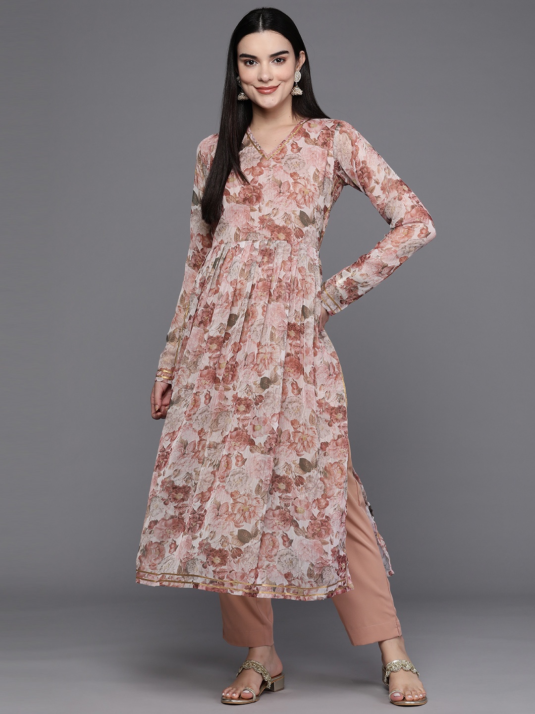 

Ahalyaa Women Floral Printed Pleated Gotta Patti Kurta with Trousers, Brown