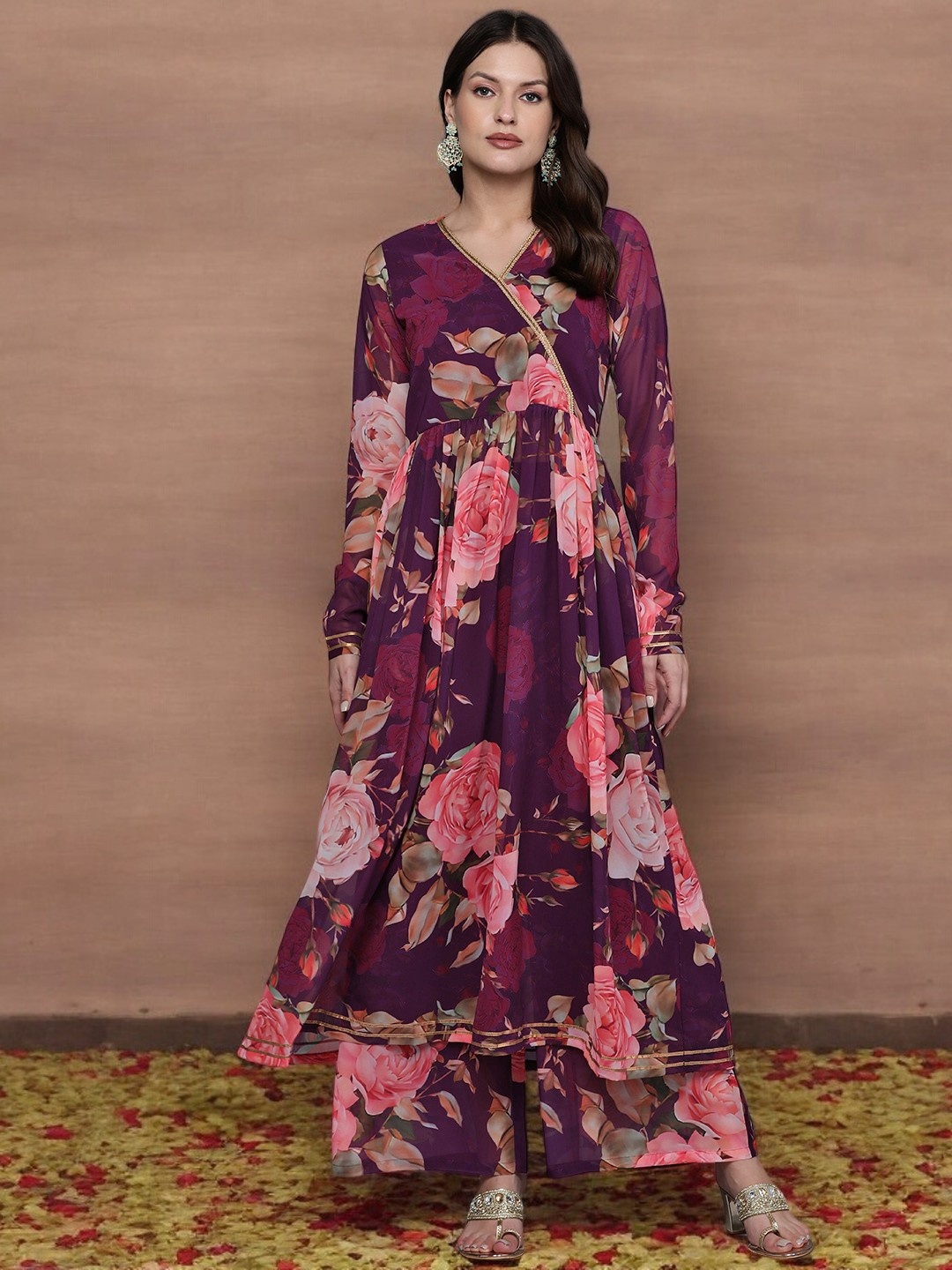 

Ahalyaa Women Floral Printed Angrakha Kurta with Palazzos, Burgundy