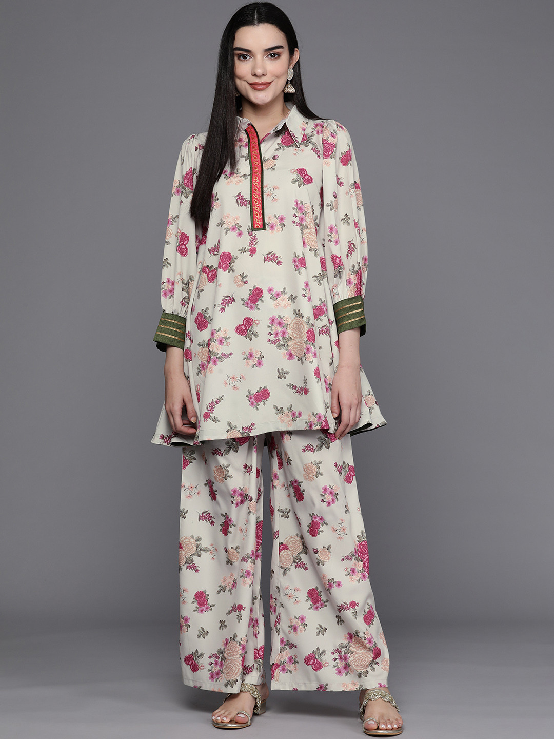 

Ahalyaa Women Floral Printed Tunic with Palazzos, Beige