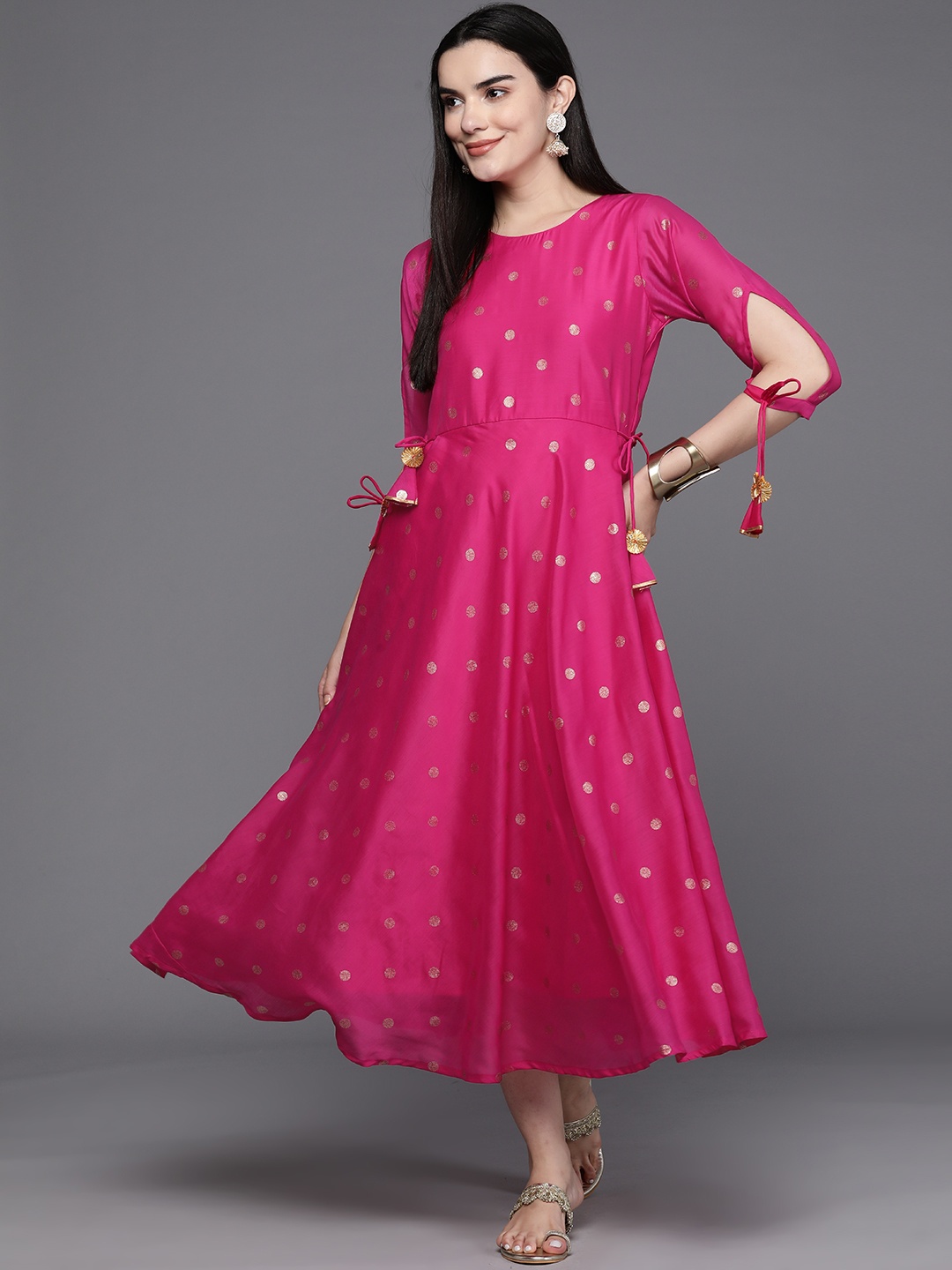 Ahalyaa Women Foil Printed A-Line Midi Ethnic Dress, Pink