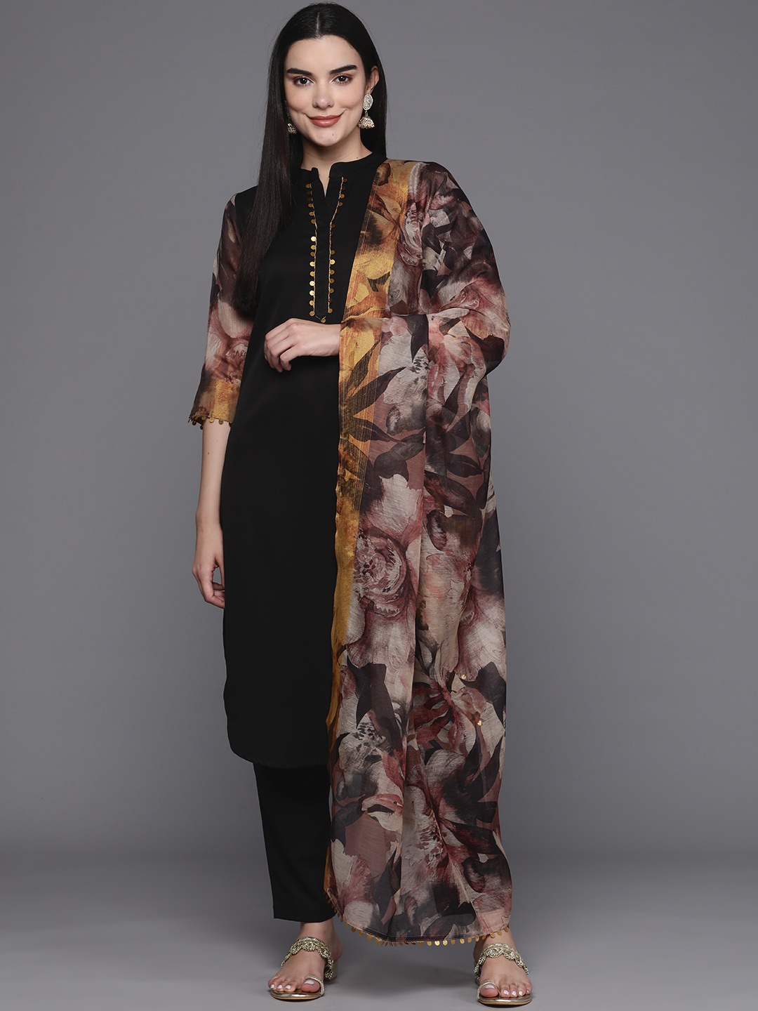 Ahalyaa Women Regular Sequinned Kurta with Trousers & With Dupatta, Black