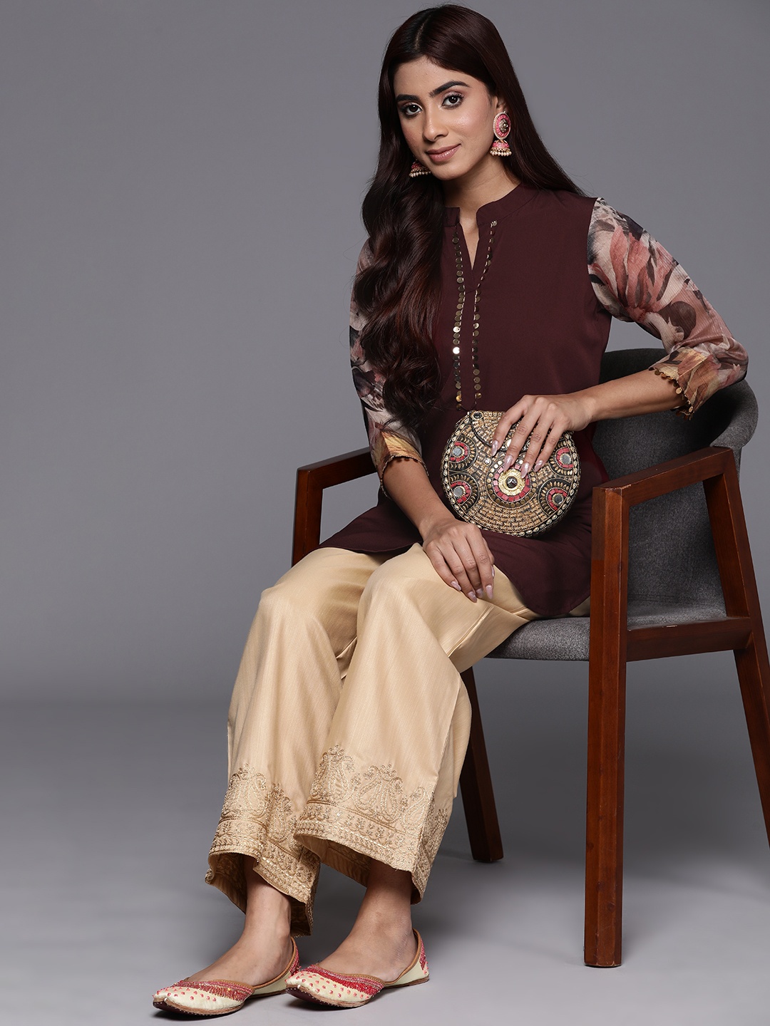Ahalyaa Mandarin Collar Printed Embellished Tunic, Brown