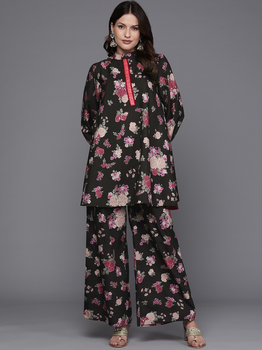 

Ahalyaa Women Floral Printed Tunic with Palazzos, Black